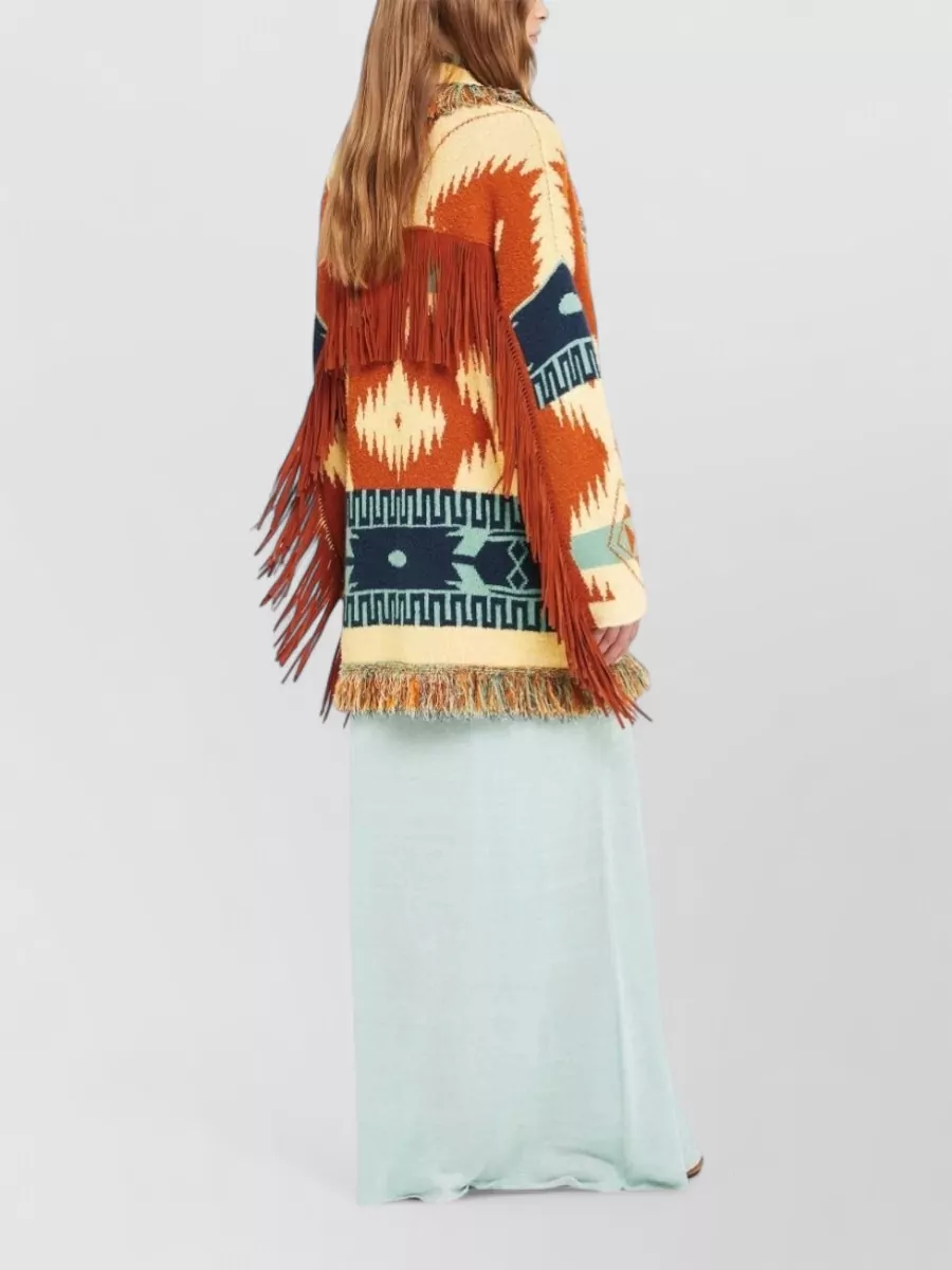 Alanui Fringed Geometric Knit Belted Cardigan
