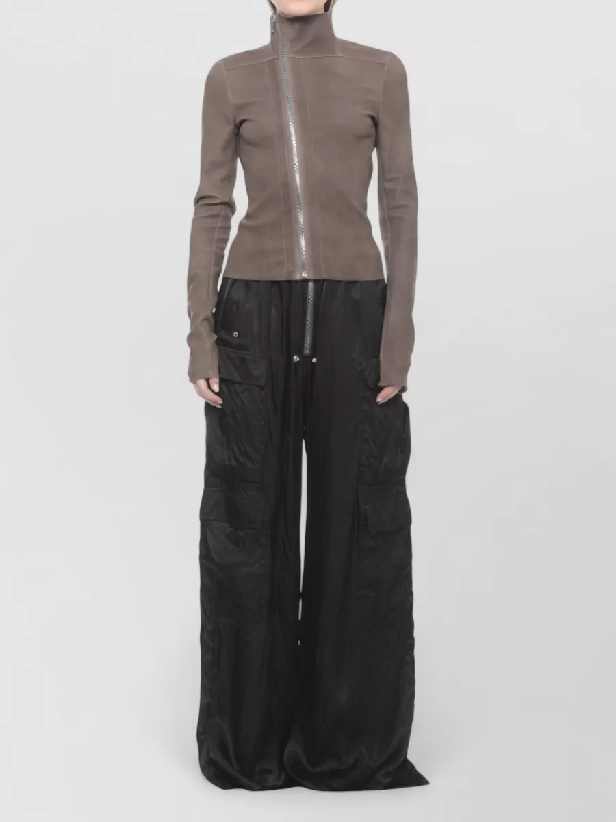 Rick Owens Leather High-Neck Asymmetric-Zip Fitted Jacket