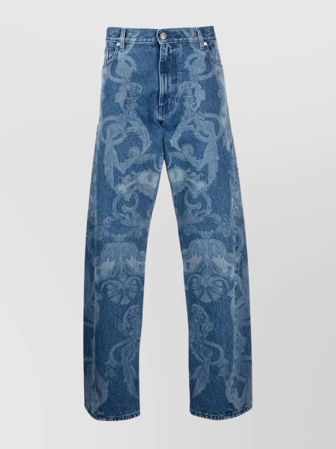 Shop Versace Baroque Print Leather Straight-leg Trousers In Blue
