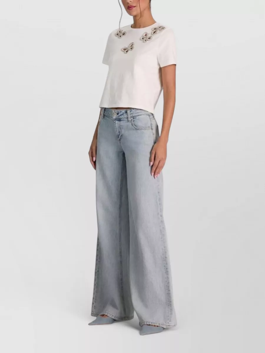 Alice + Olivia Cotton Crystal Embellished Cutout Cropped T-Shirt