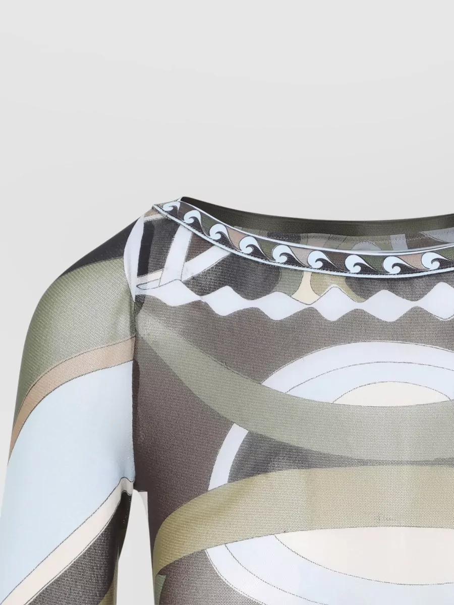 Pucci Printed Tulle Long Sleeve Crop Top