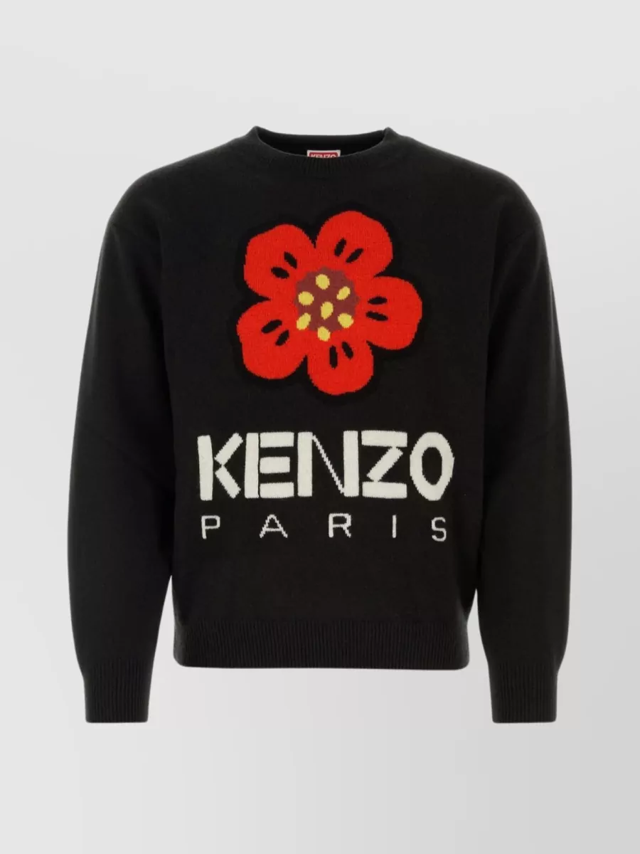 Shop Kenzo Boke Flower Floral Embroidered Wool Crew-neck Sweater In Black