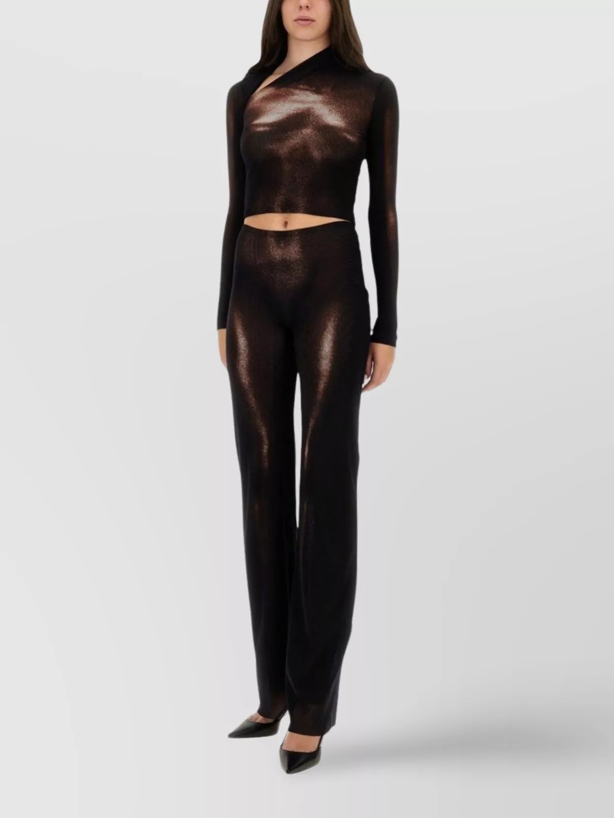 Jean Paul Gaultier Asymmetric Neck Long Sleeve Sheer Top In Brown
