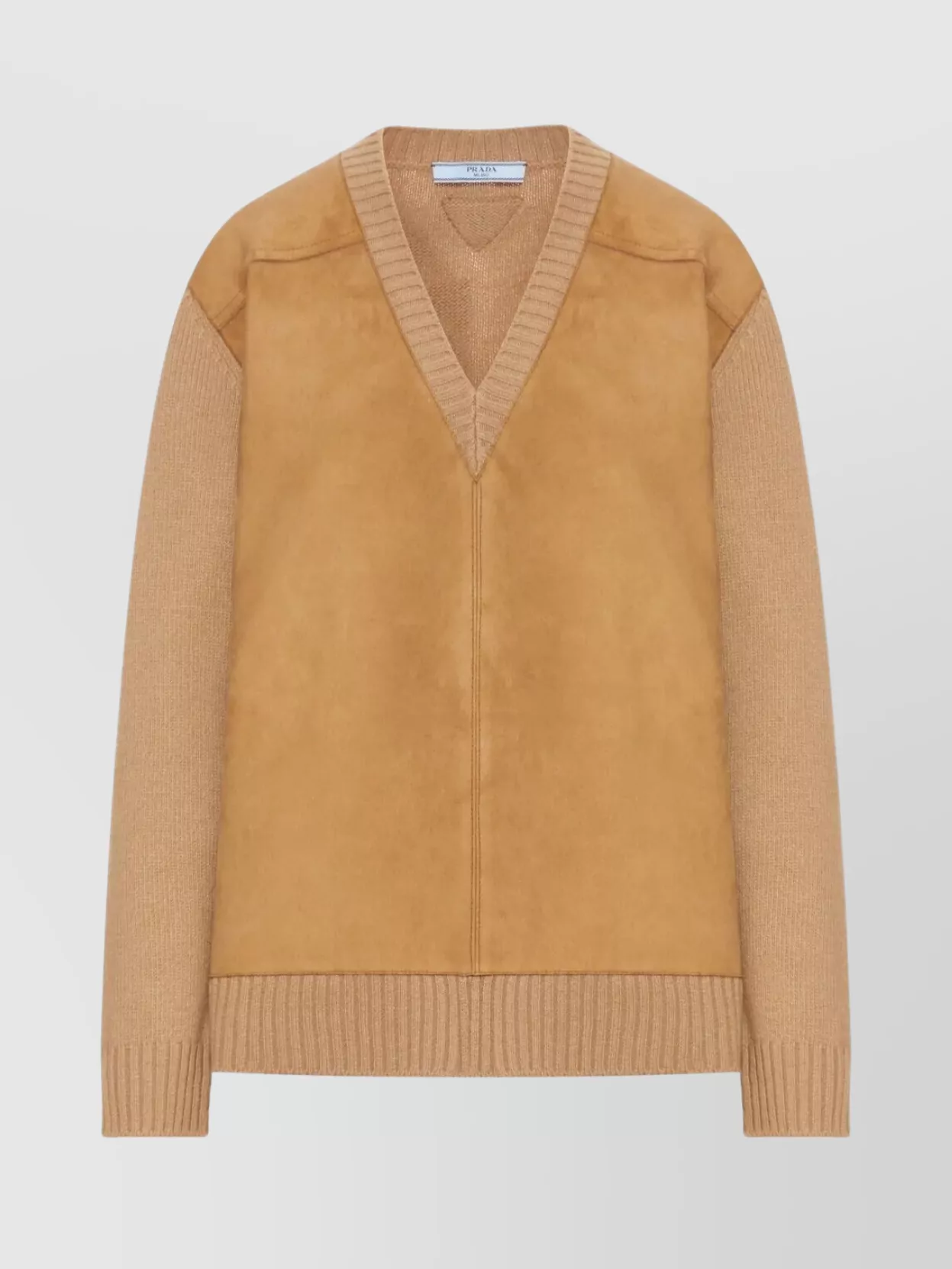 Prada V-Neck Wool Sweater Featuring Suede Panel