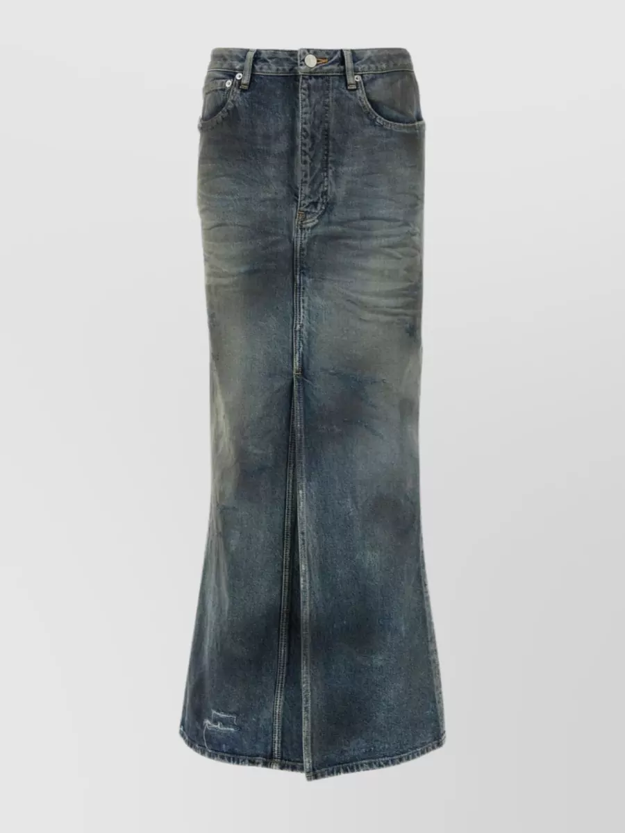 Shop Balenciaga Central Slit Long Skirt In Distressed Denim In Blue