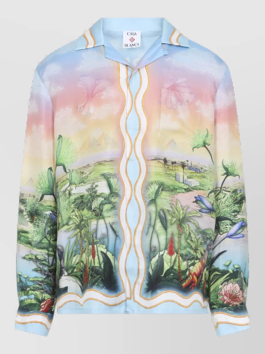 Casablanca Silk Printed Cuban Collar Long-Sleeve Shirt
