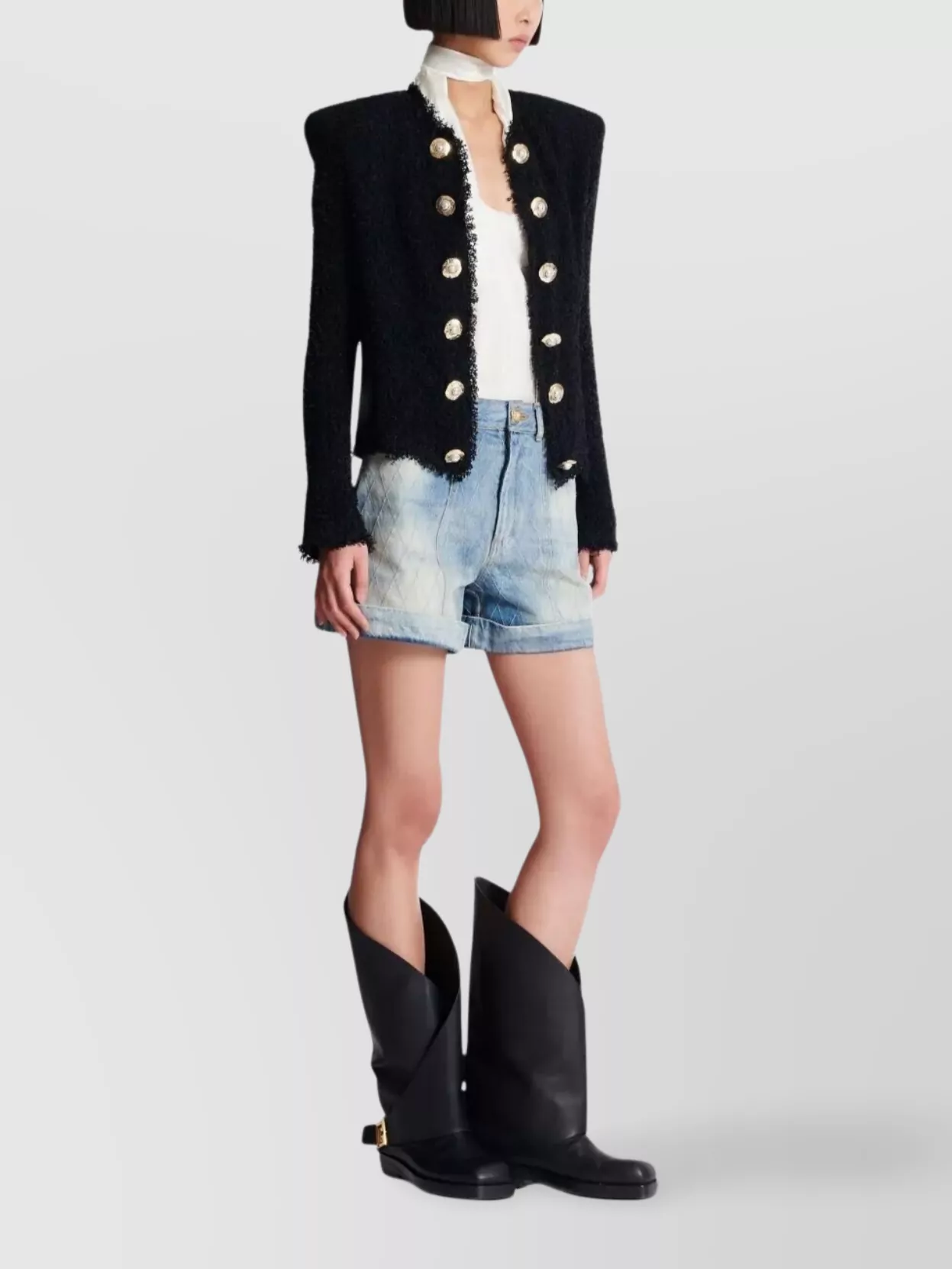 Shop Balmain Tweed Jacket With Frayed Edges And Gold-tone Buttons