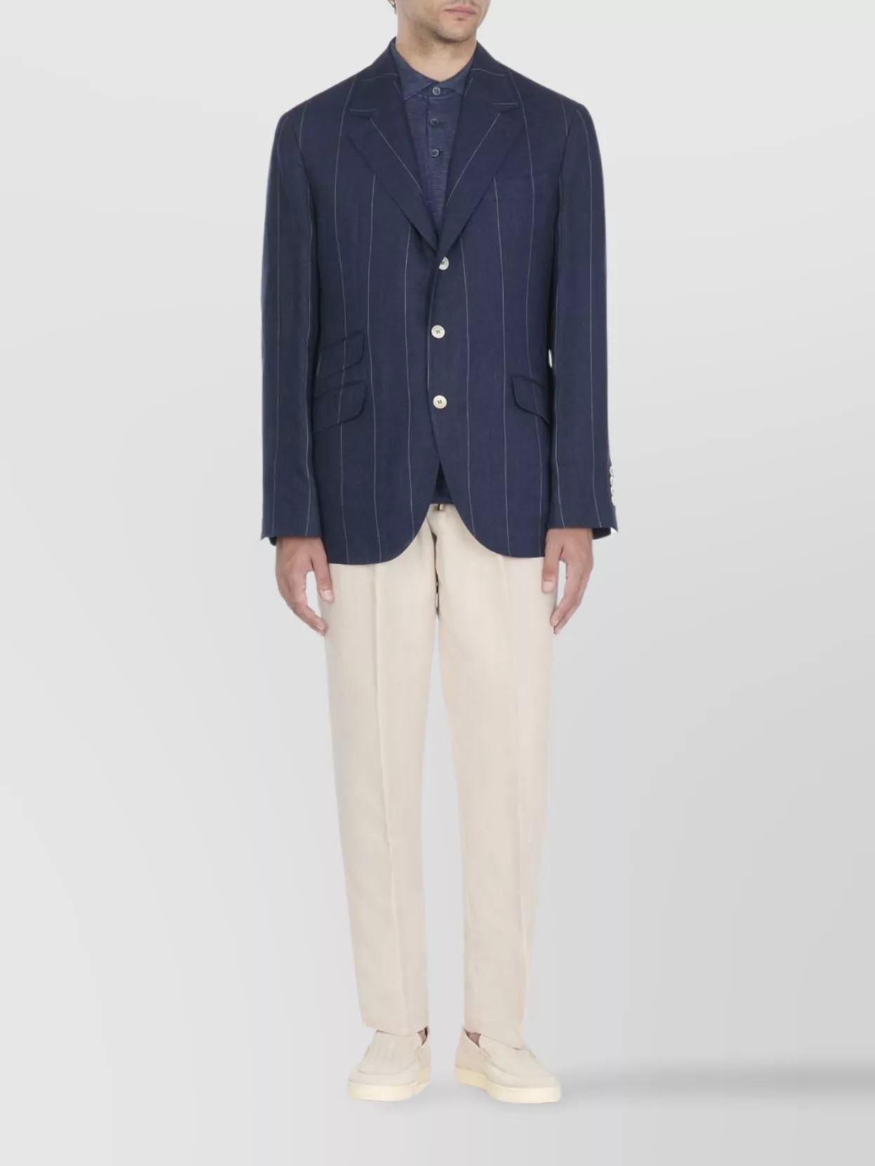 Brunello Cucinelli Tailored Linen Jacket With Classic Lapel In Blue