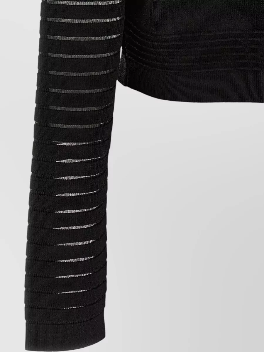 Balmain Semi-Sheer Striped Cropped Round-Neck Long-Sleeve Cardigan