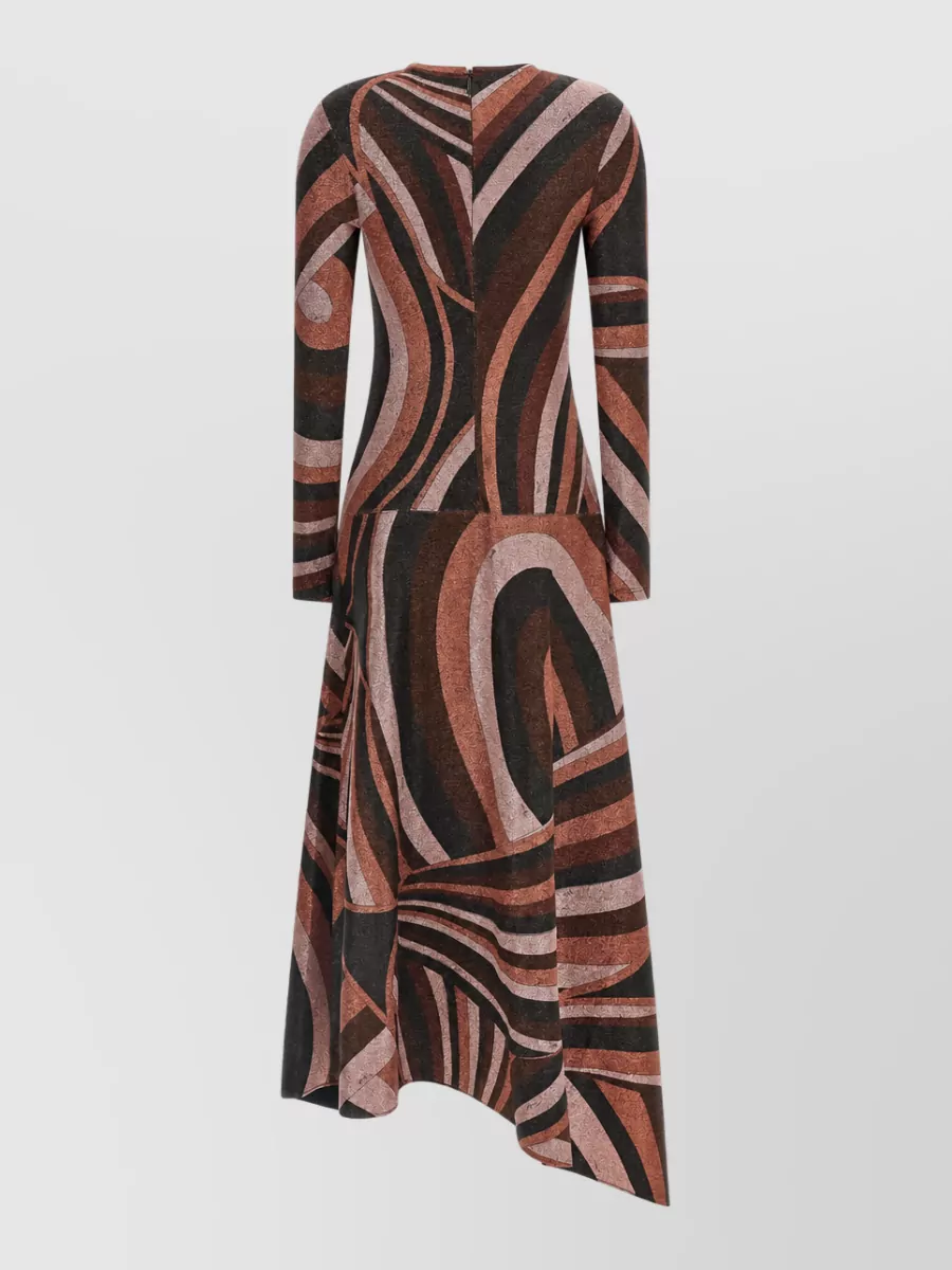 Pucci Printed Lurex Jersey Long-Sleeve Asymmetric Midi Dress
