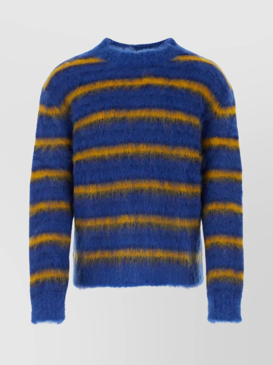 Shop Marni Striped Crew Neck Sweater With Embroidered Accents In Blue