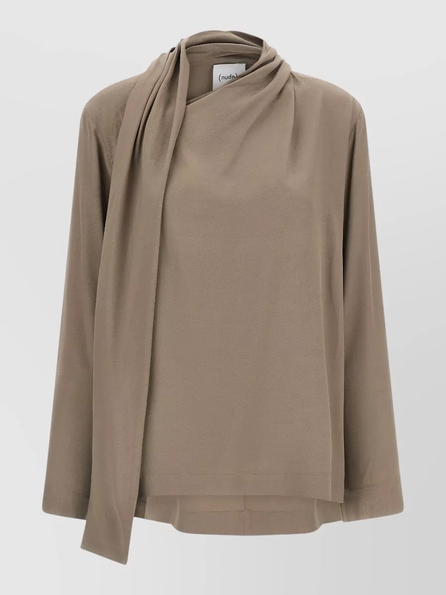 Nude draped asymmetric long-sleeve blouse