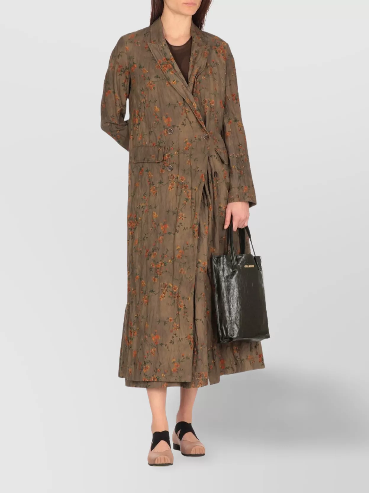 Uma Wang Floral Pattern Double-breasted Cotton Coat In Brown