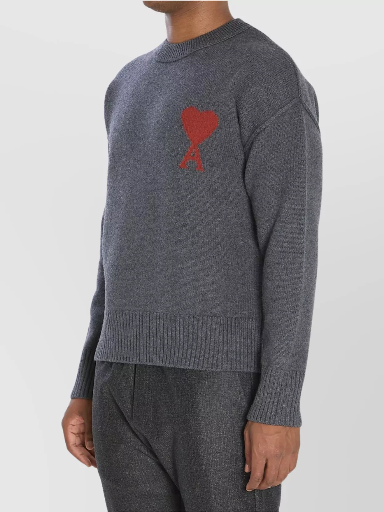 Ami Alexandre Mattiussi Heart Intarsia Wool Knit Crewneck Sweater In Gray