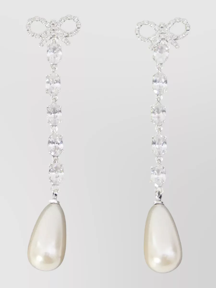 Self-Portrait crystal-embellished bow pearl drop earrings