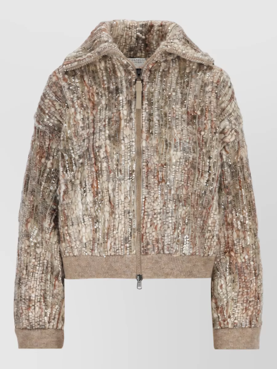 Brunello Cucinelli mohair embroidered zip-up cropped jacket