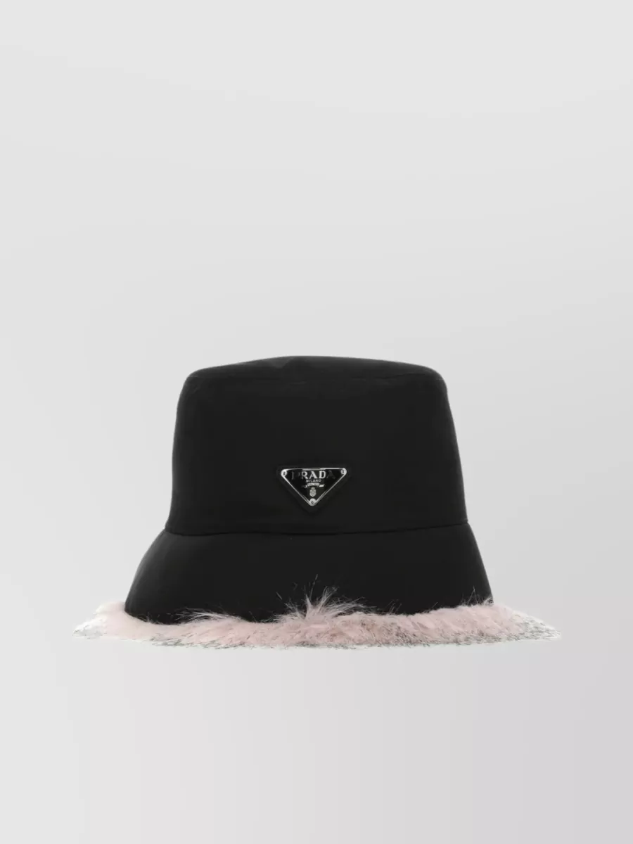 Shop Prada Nylon Brimmed Hat With Eco Fur And Feather Trim In Black