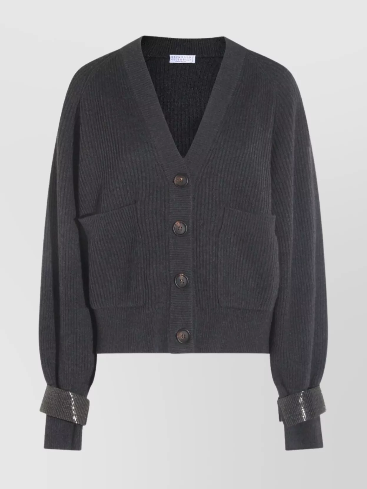 Brunello Cucinelli Ribbed V-neck Knitwear Cuffed Sleeves In Gray