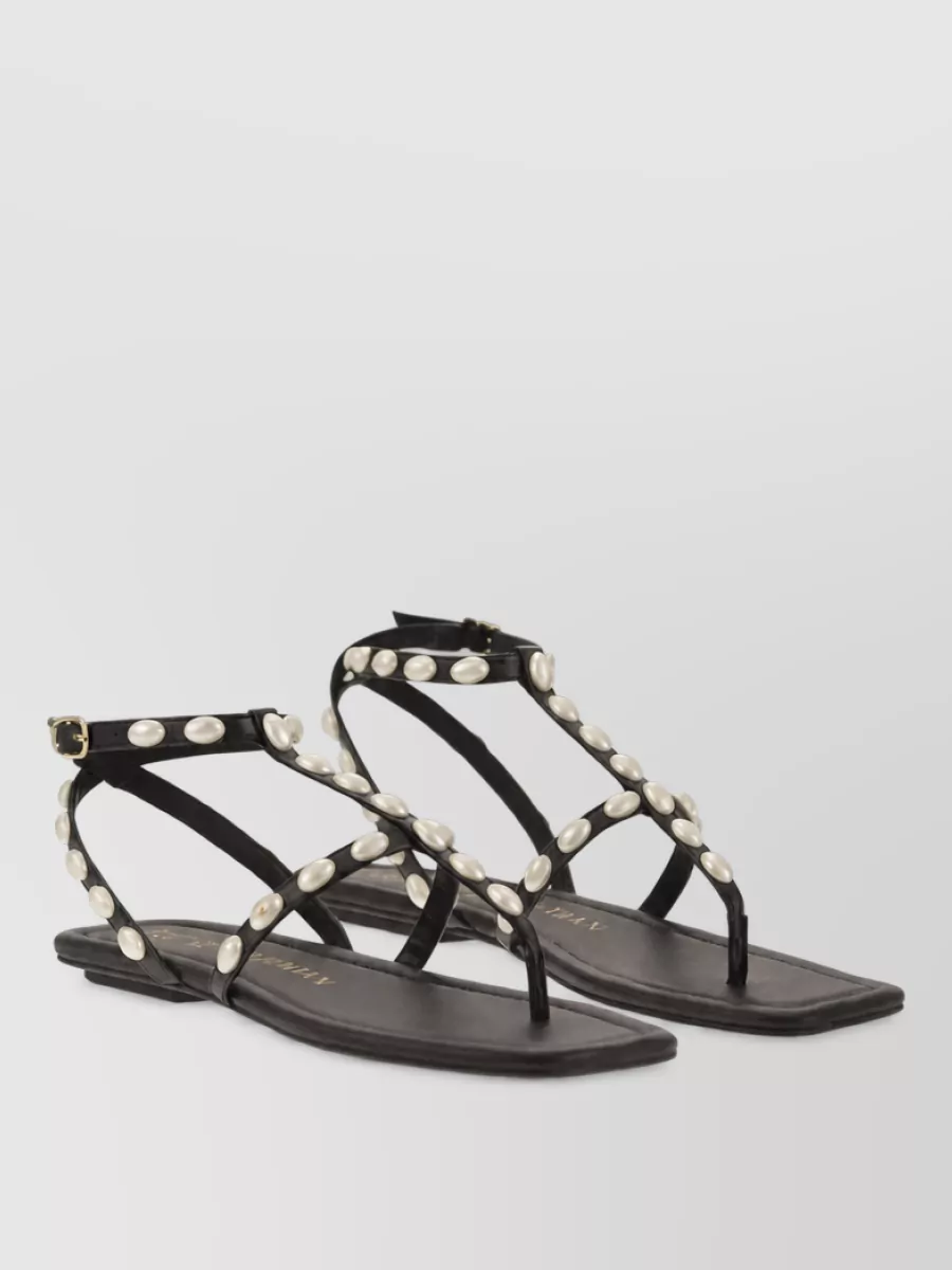 Stuart Weitzman Leather Pearl-Embellished Thong Sandals