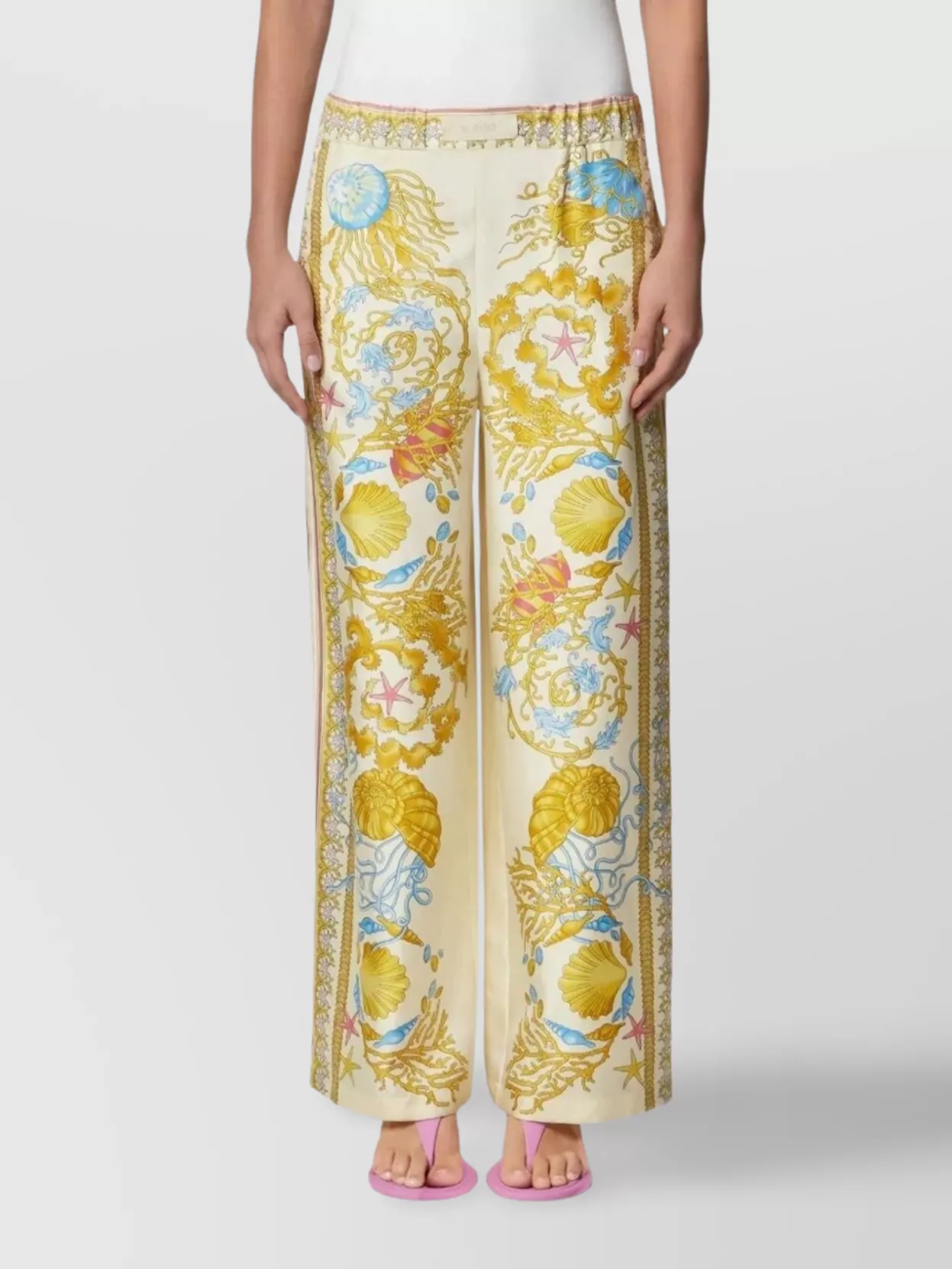 Versace Wide Leg Trousers With Underwater Baroque Print In Yellow
