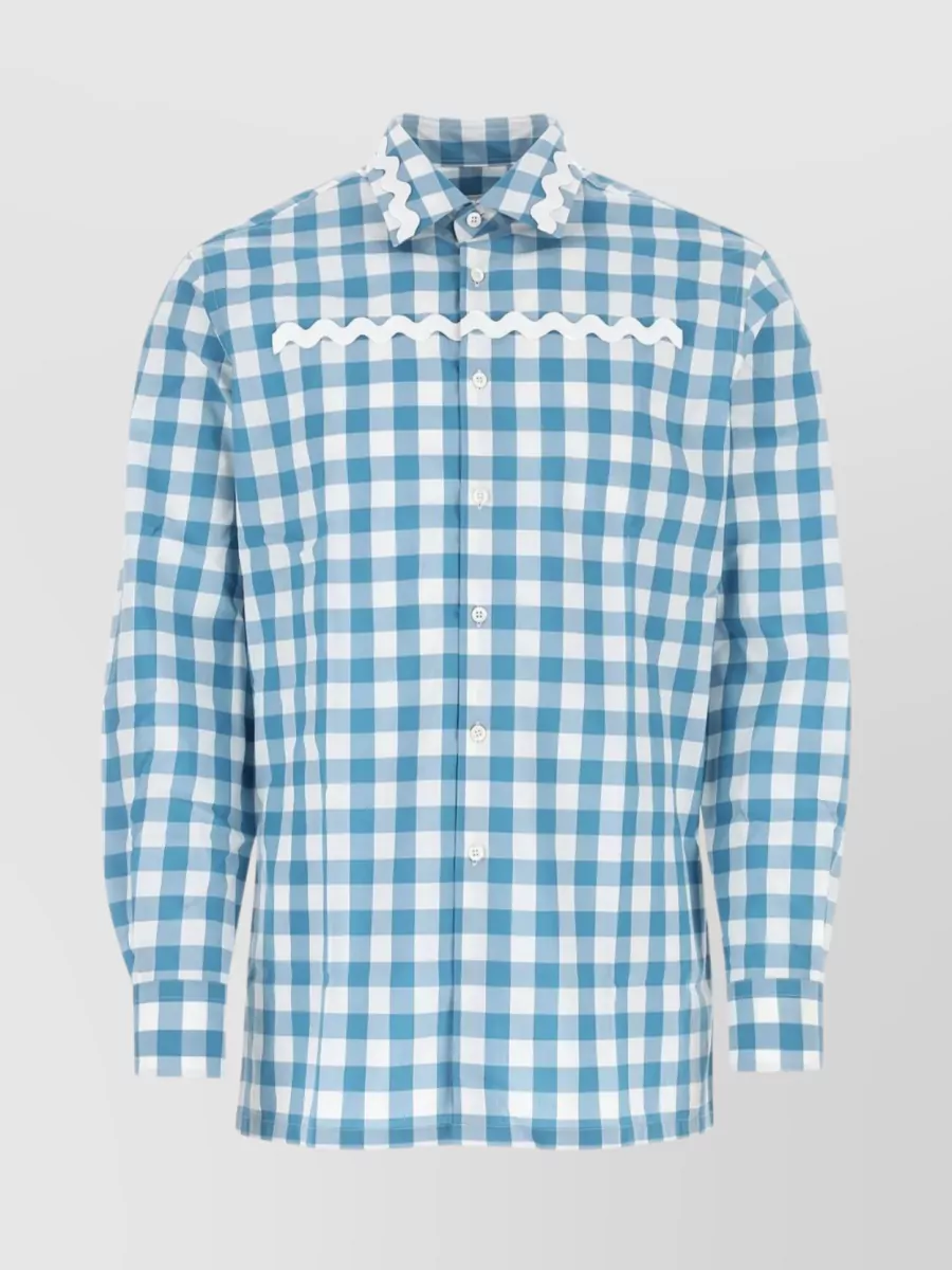Shop Prada Scalloped Collar Checkered Shirt In Blue