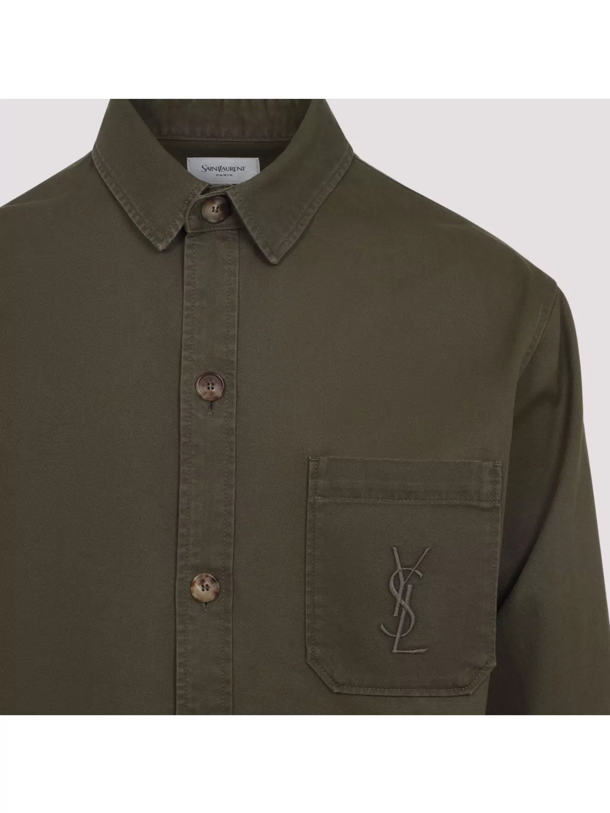 Saint Laurent Solferino Cotton Gabardine Overshirt With Cassandre Logo In Brown