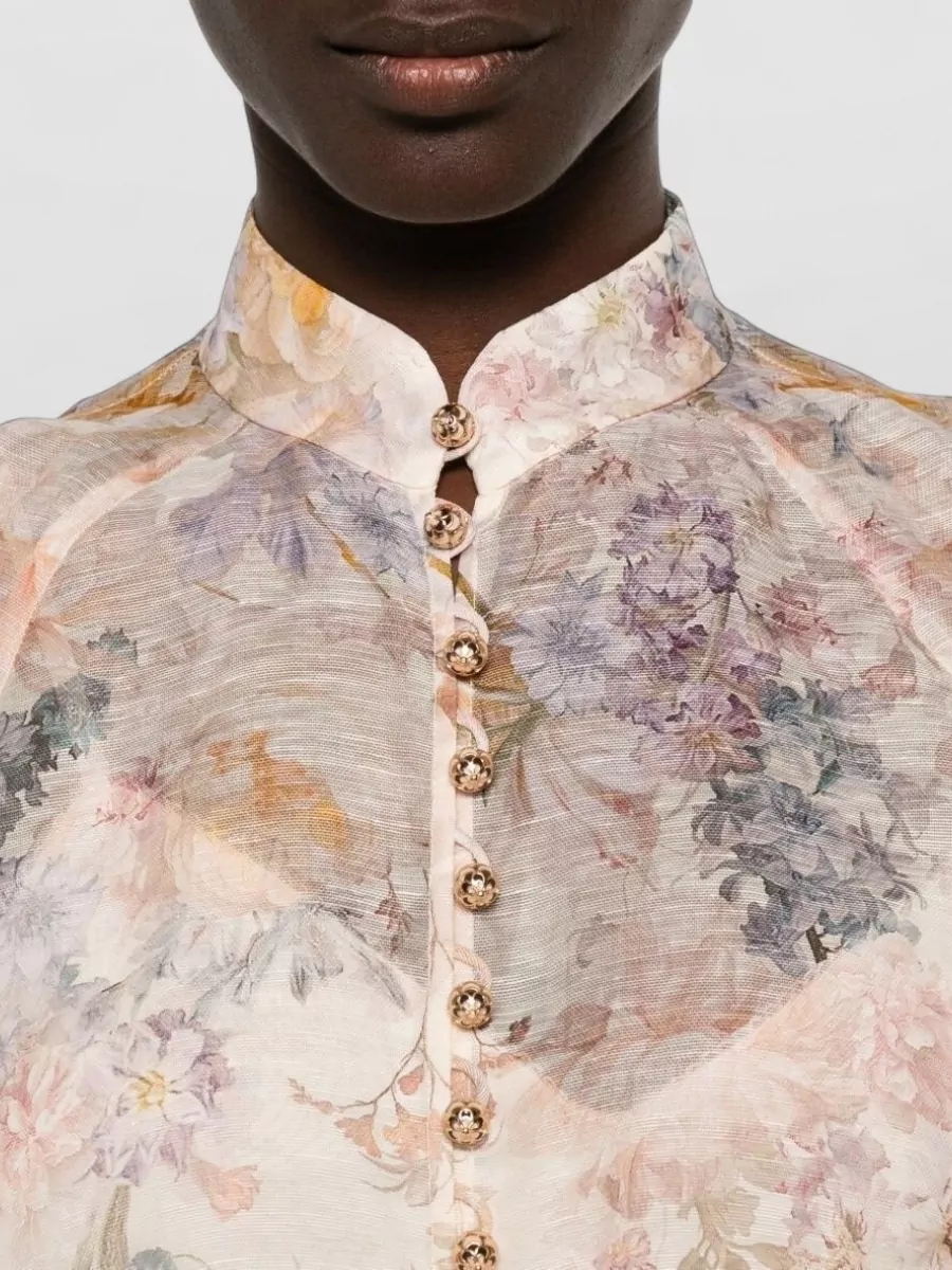 Zimmermann Floral-Print Sheer High-Neck Long-Sleeve Blouse