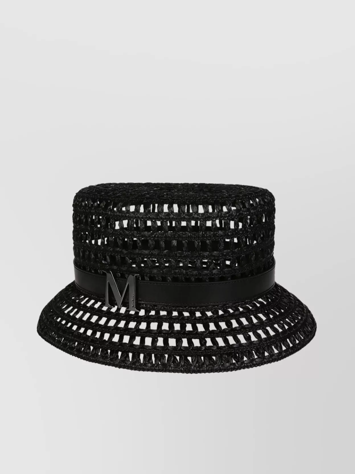 Max Mara Perforated Straw Hat Leather Band In Black
