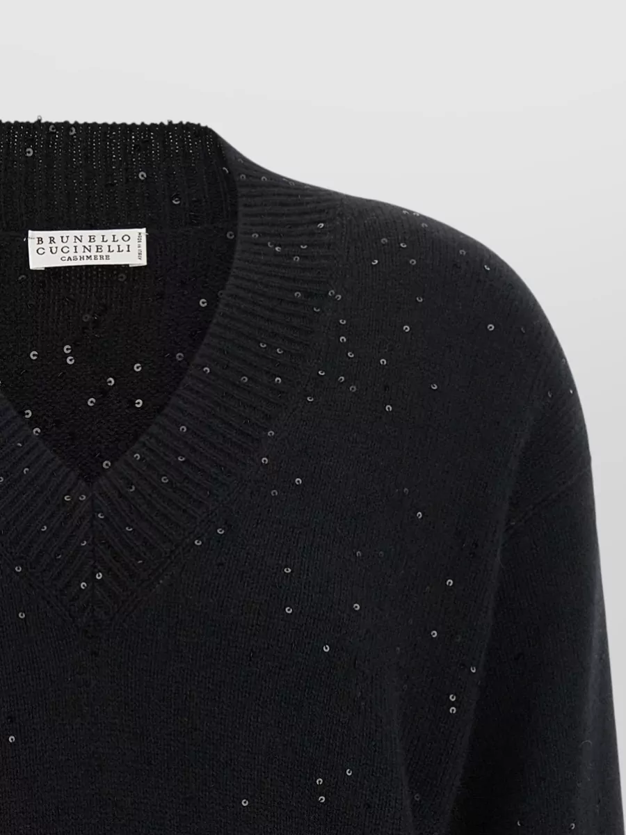 Brunello Cucinelli Cashmere Silk Sequin-Embroidered V-Neck Sweater
