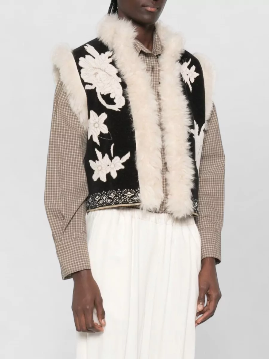Forte Forte Floral Embroidered Faux Fur Trim Sleeveless Vest