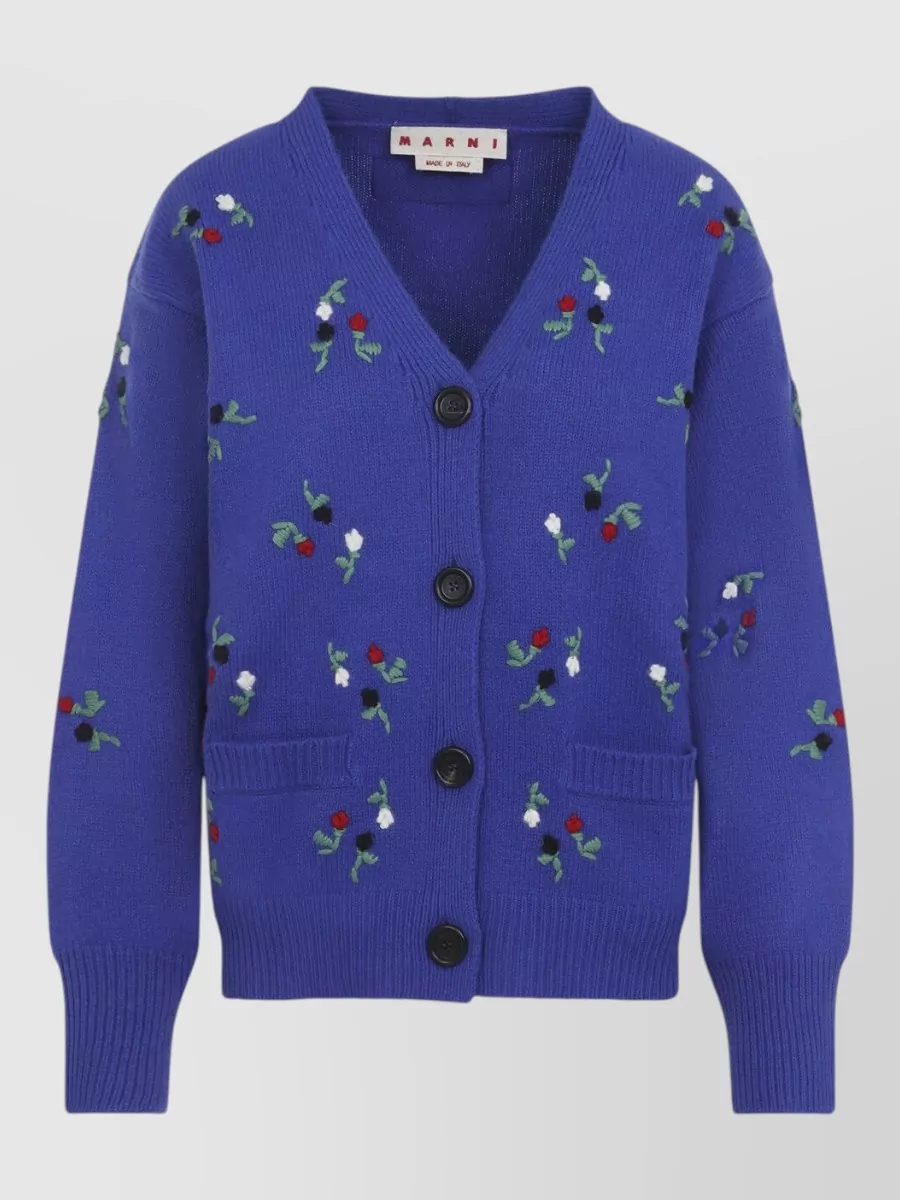 Marni cashmere wool floral embroidered ribbed v-neck cardigan