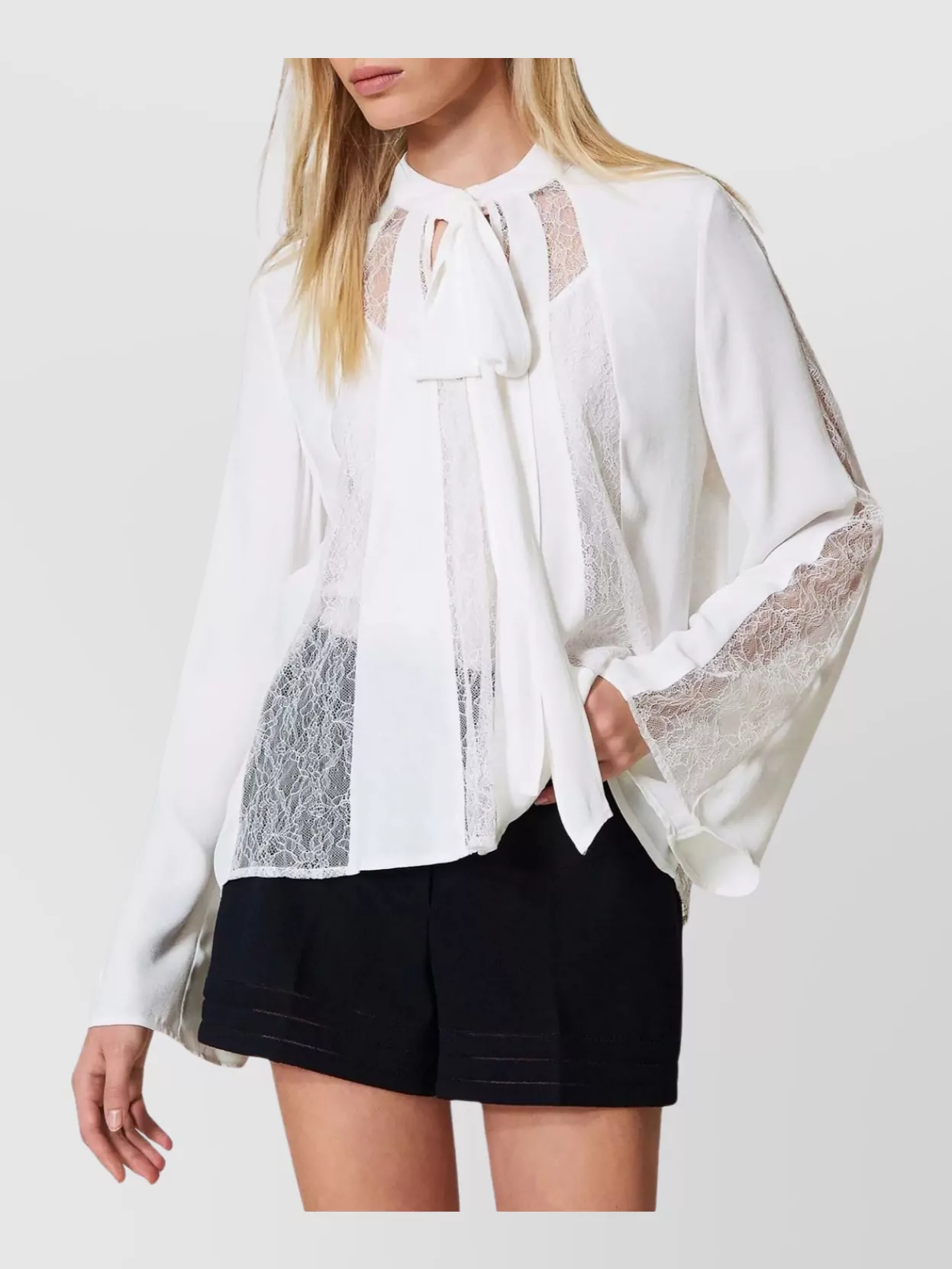 Twinset Sheer Blouse With Bow And Lace Panels In White