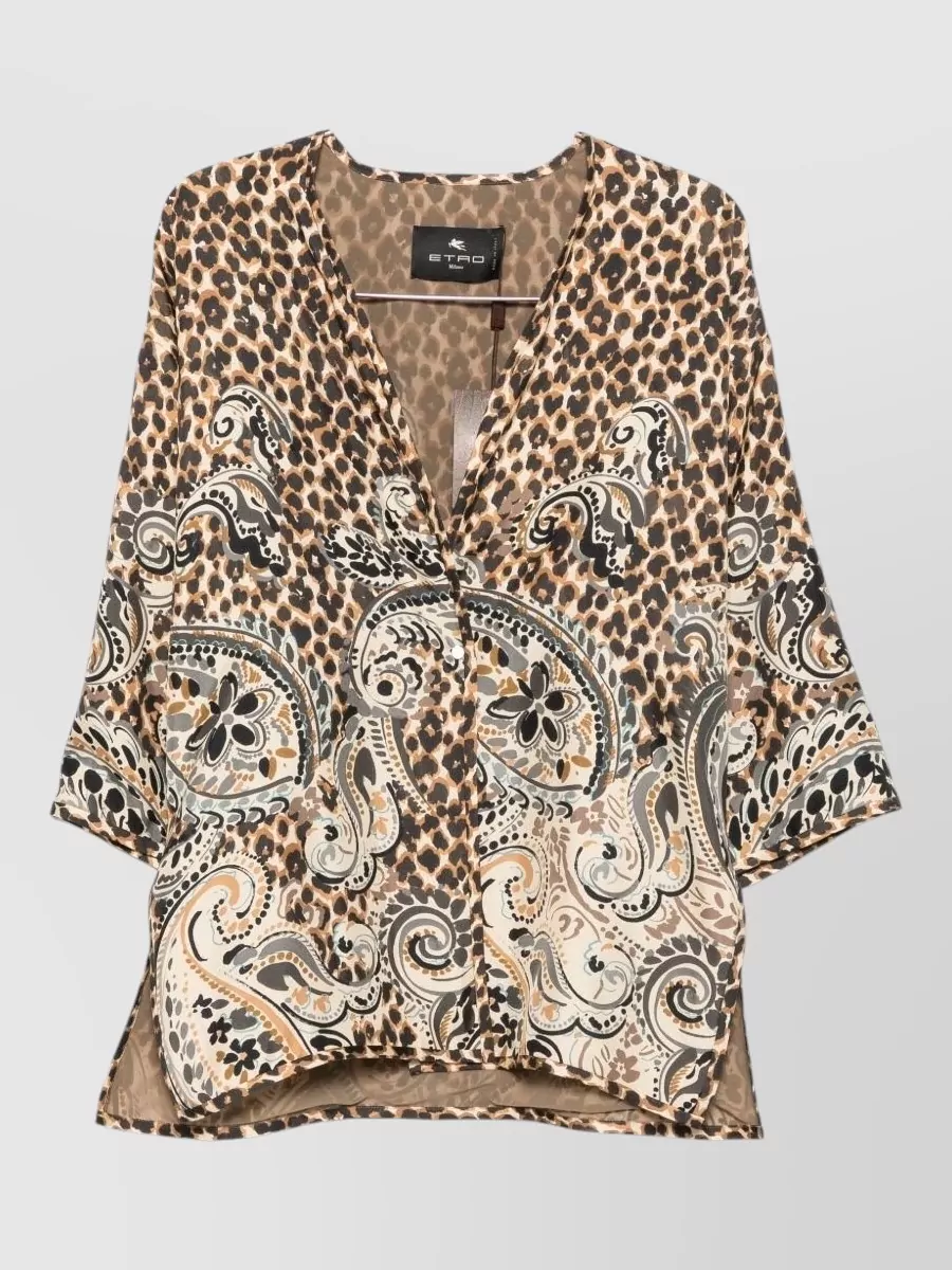 Etro Silk Leopard-Print Collarless Three-Quarter Sleeve Jacket