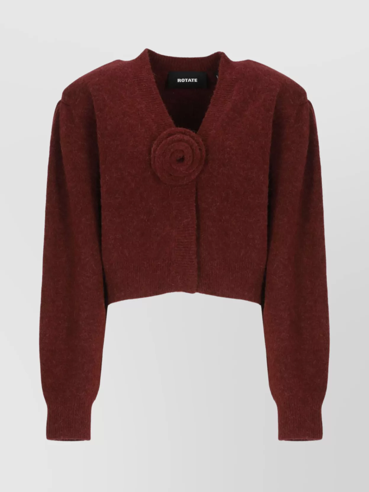 Rotate Birger Christensen Rotate Cropped Burgundy Sweater With Deep V-neckline And Floral Embellishment In Burgundy