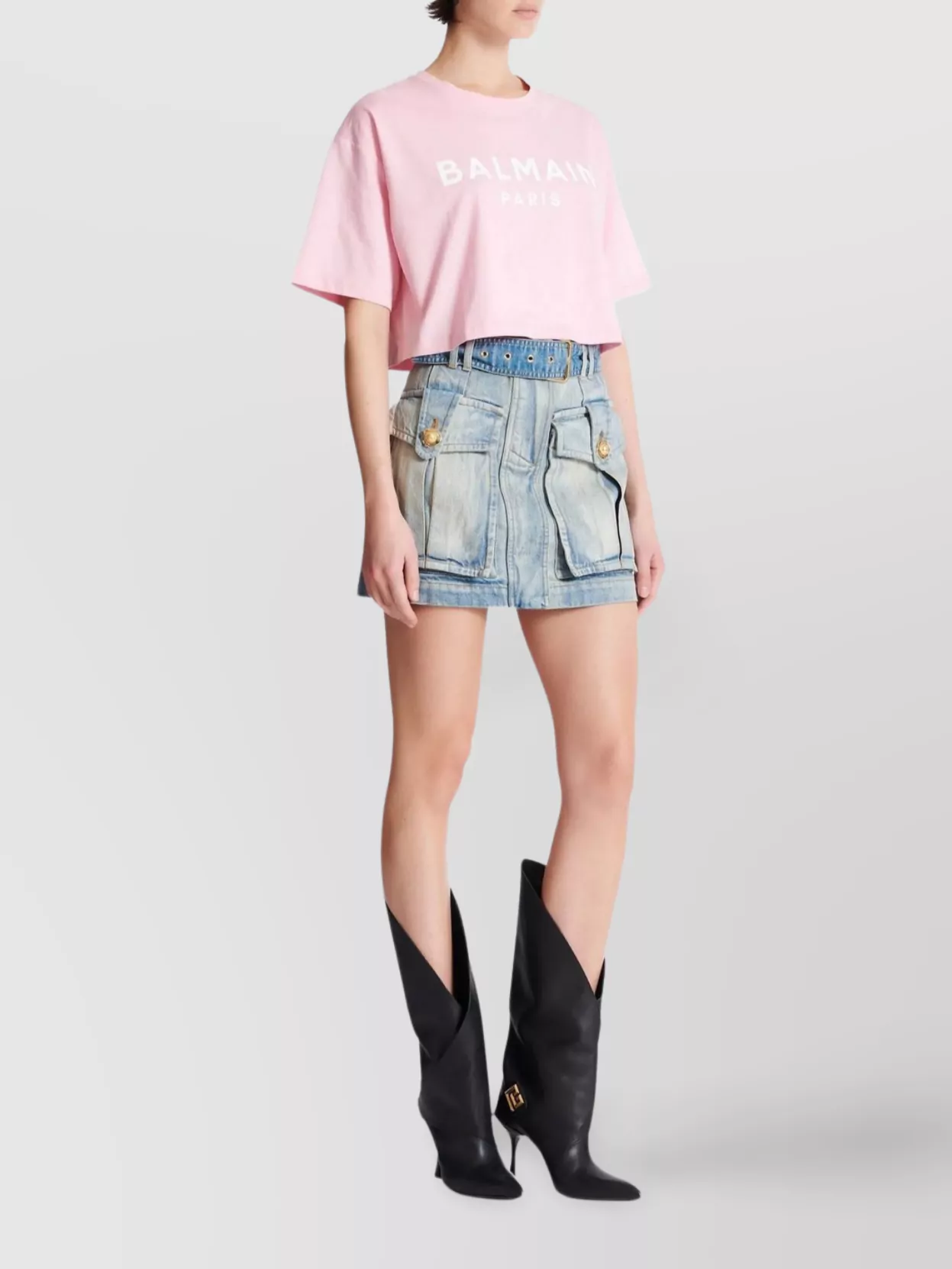 Shop Balmain Paris Print Crew Neck Cropped Top