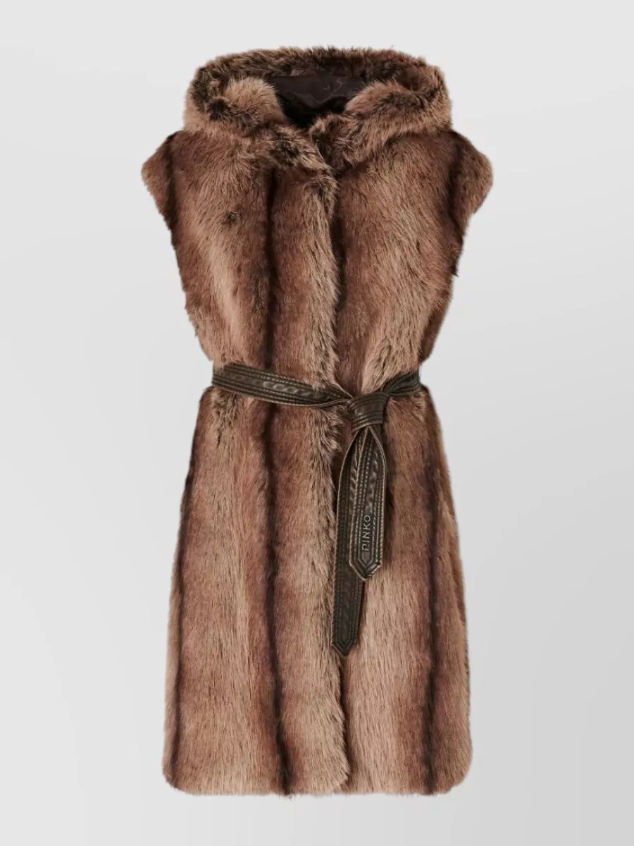 Pinko faux fur hooded belted long vest
