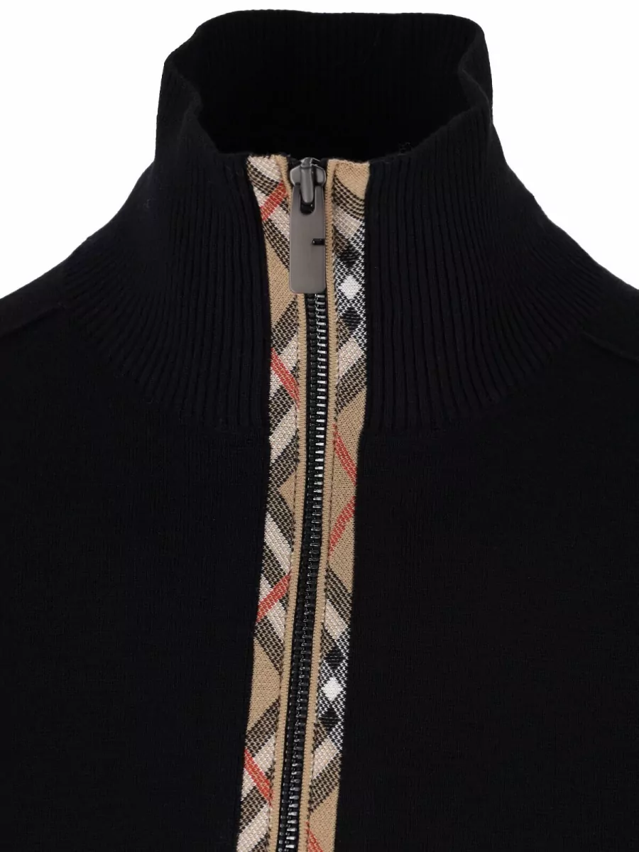 Burberry Wool Ribbed Funnel Neck Half Zip Sweater