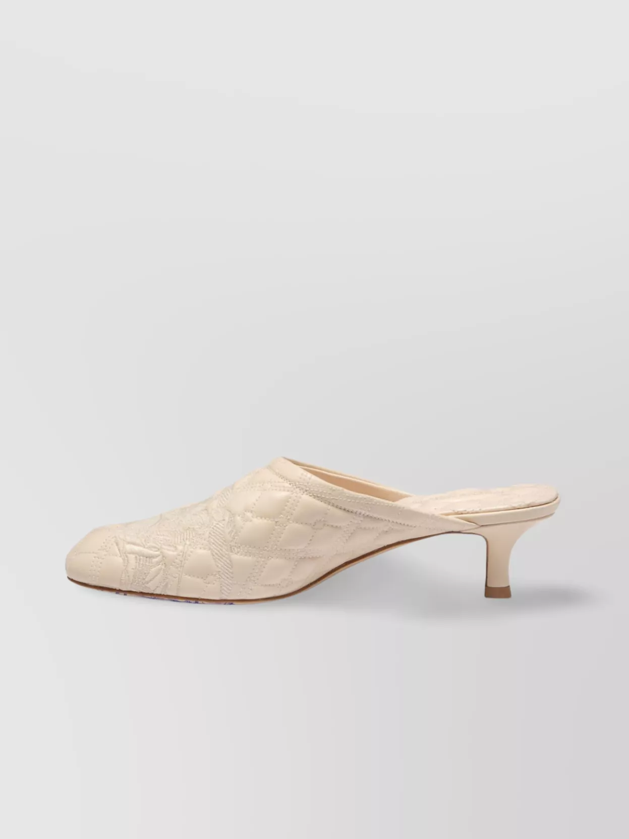 Burberry Quilted Kitten Heel Mules With Embroidered Detail