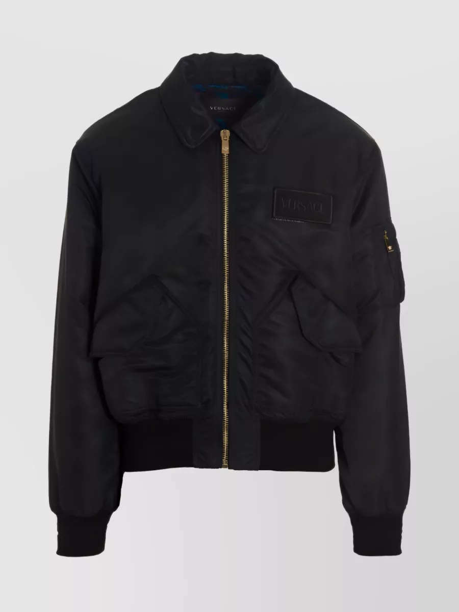 Shop Versace Padded Logo Patch Zip Jacket In Black