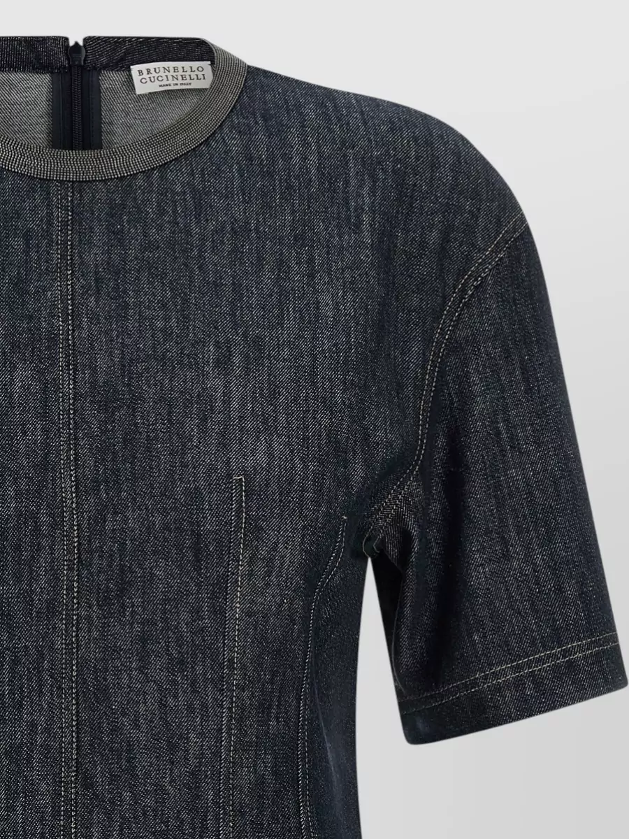 Brunello Cucinelli Monile Denim Dress Short Sleeves Round Neckline