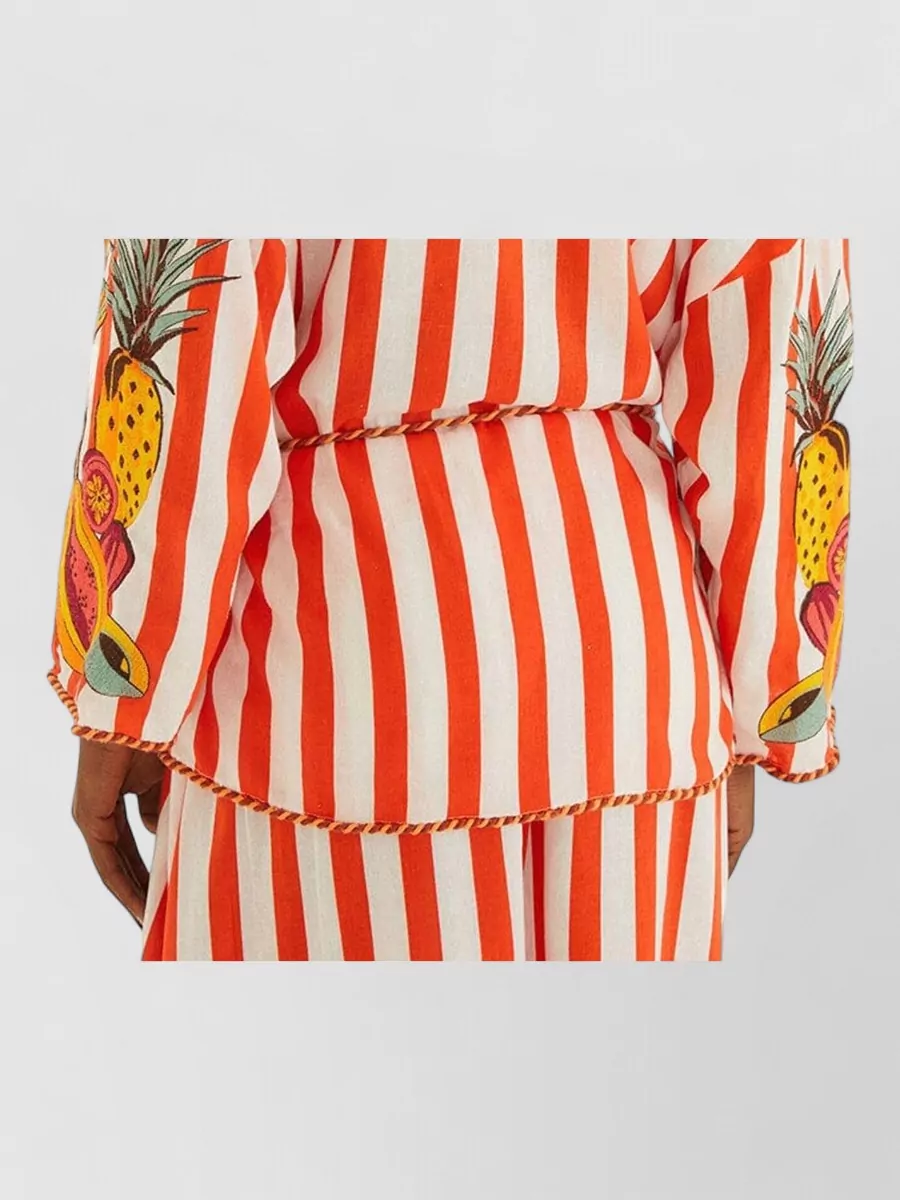 Farm Rio Striped Linen V-Neck Beach Cover-Up Blouse