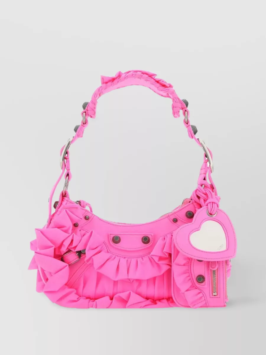Shop Balenciaga Xs Shoulder Bag With Flounces And Metal Studs In Pink