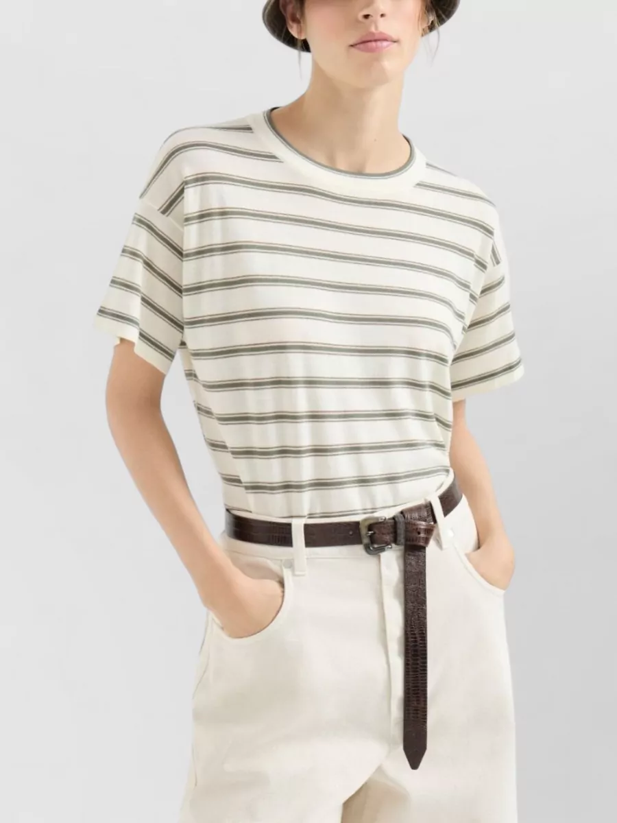 Brunello Cucinelli Short Sleeve Striped Wool Crewneck Sweater