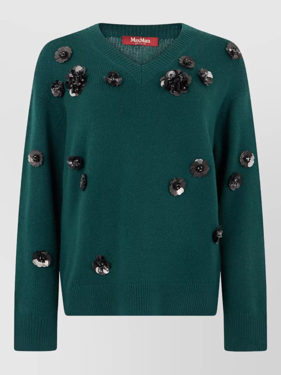 S Max Mara cashmere wool floral appliqué long-sleeve sweater