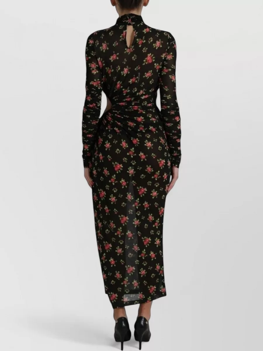 Dolce&Gabbana Silk Floral-Print Cutout Long-Sleeve Midi Dress