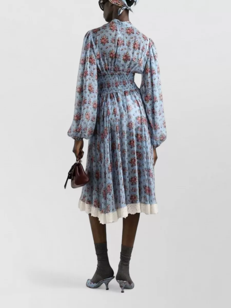 Dolce&Gabbana Silk Floral-Print Gathered Knot-Detail Lace-Trim Long-Sleeve Midi Dress