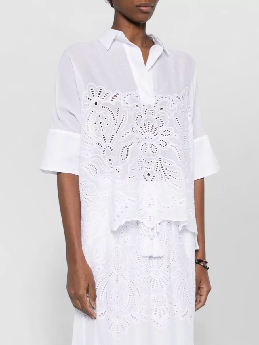 Ermanno Firenze Embroidered Cropped Cotton Short-Sleeve Shirt