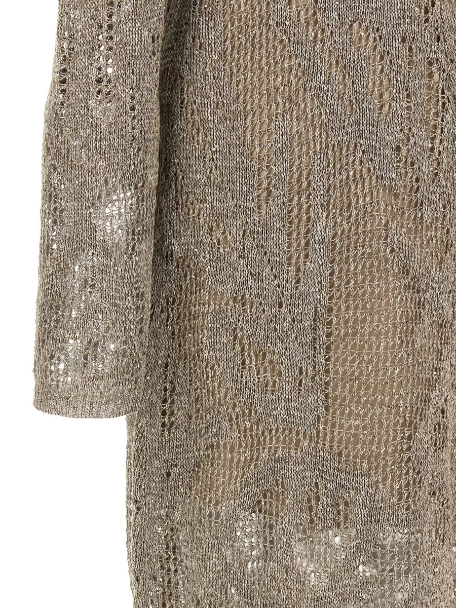 Brunello Cucinelli Linen Knit Sequin V-Neck Long-Sleeve Maxi Dress