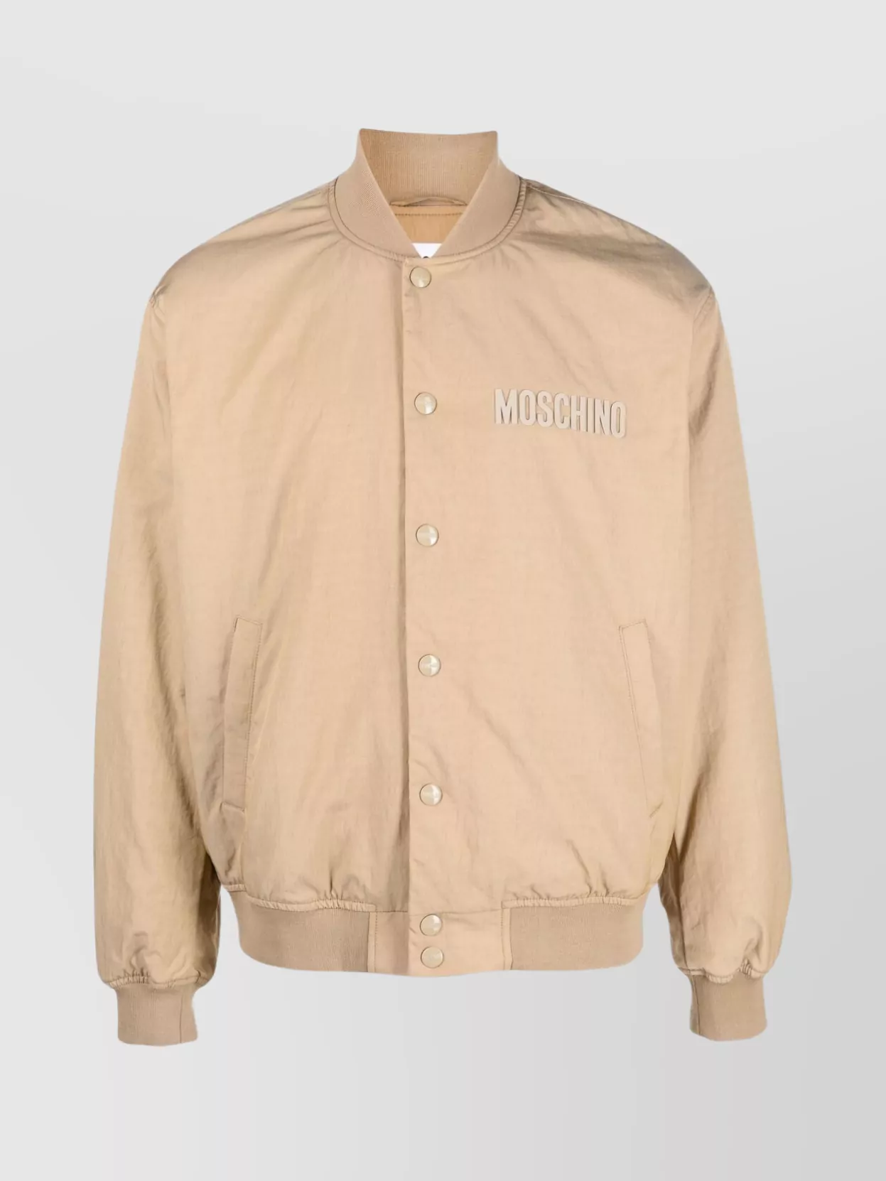Shop Moschino Cutaway Collar Ribbed Jacket With Side Welt Pockets In Beige