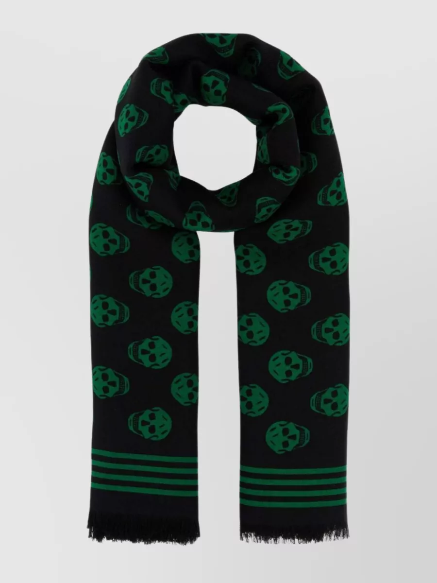 Shop Alexander Mcqueen Wool Scarf With Fringed Hem And Skull Pattern In Multicoloured